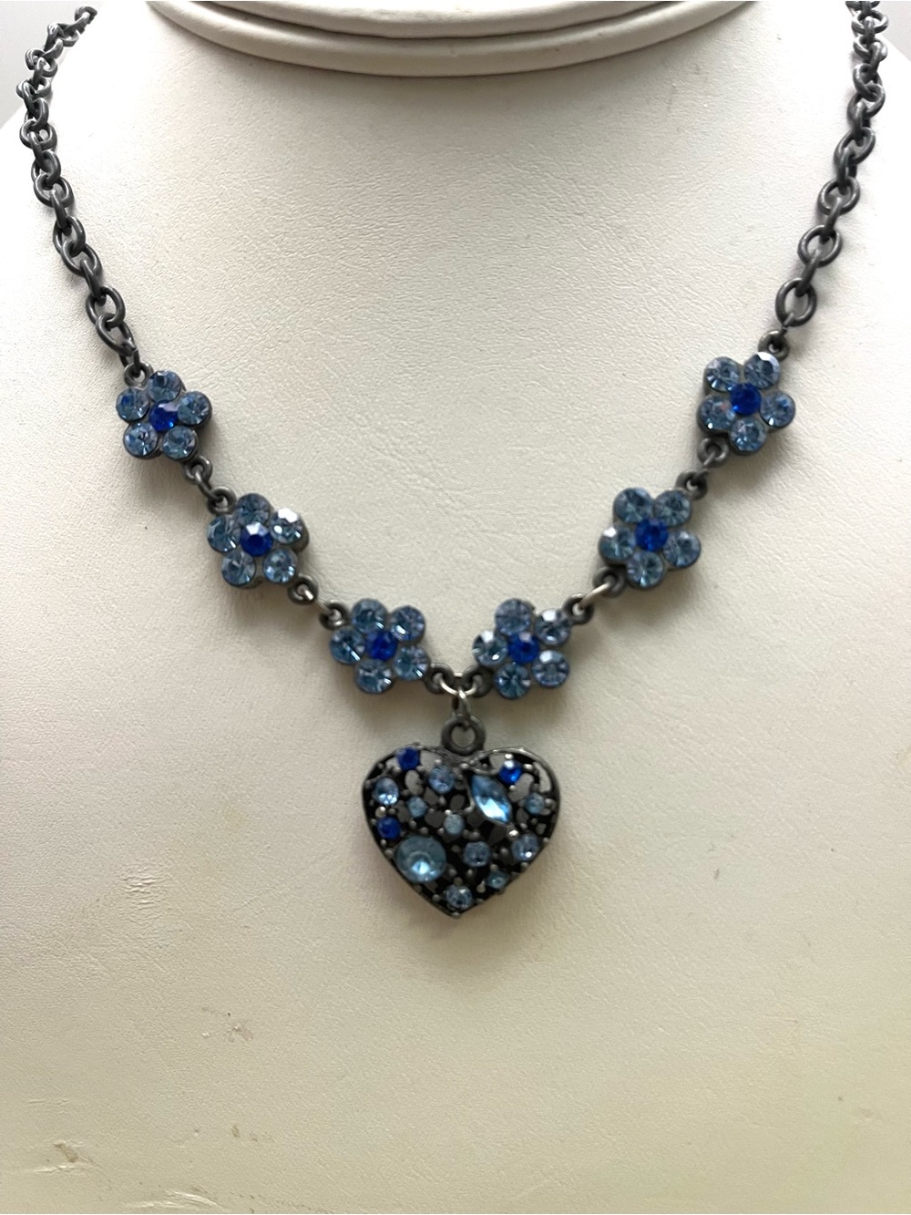 Vintage Blue Rhinestone Heart Necklace Flower Gunmetal Chain Y2K Whimsigoth